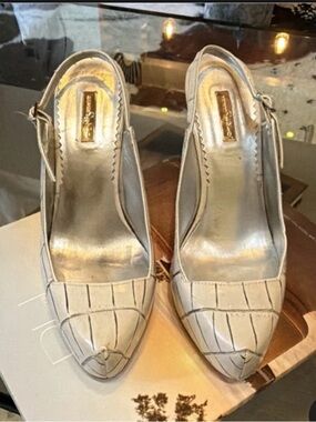 Report Signature Silver Slingback Pumps with Pleated Pointed Toe